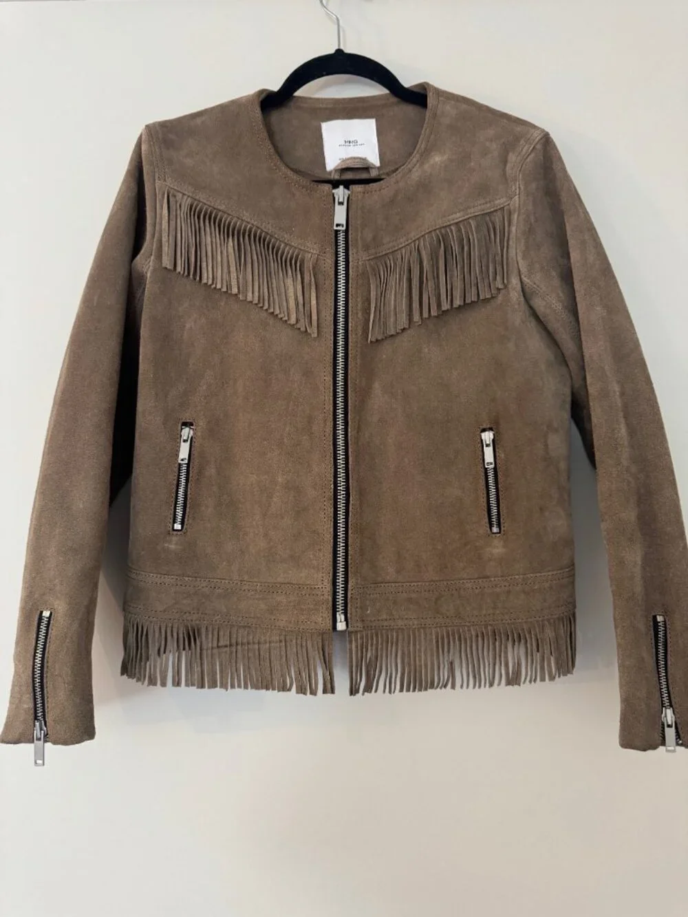 Mango Suede Fringe Jacket Taupe Beige - Small - Picture 2 of 4